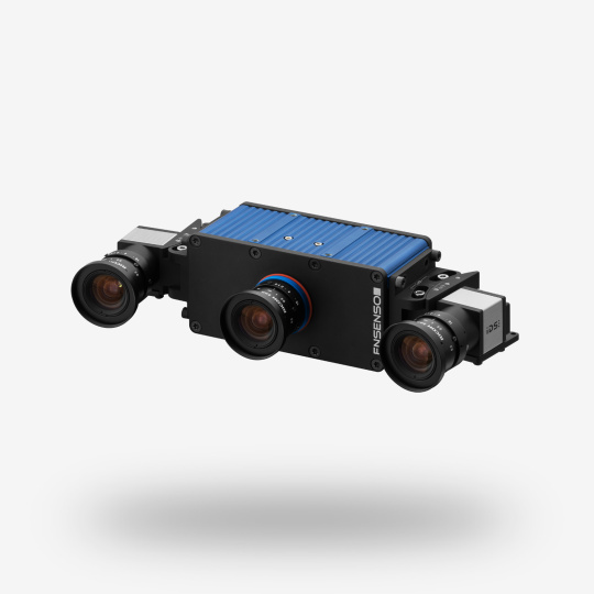 Front view of the blue and black Ensenso X 3D camera, each side equipped with an IDS industrial camera & lens