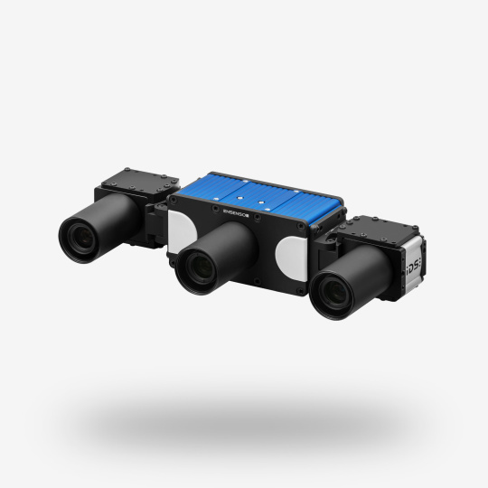 Front view of the blue and black Ensenso XR 3D camera, each side equipped with an IDS industrial camera & lens