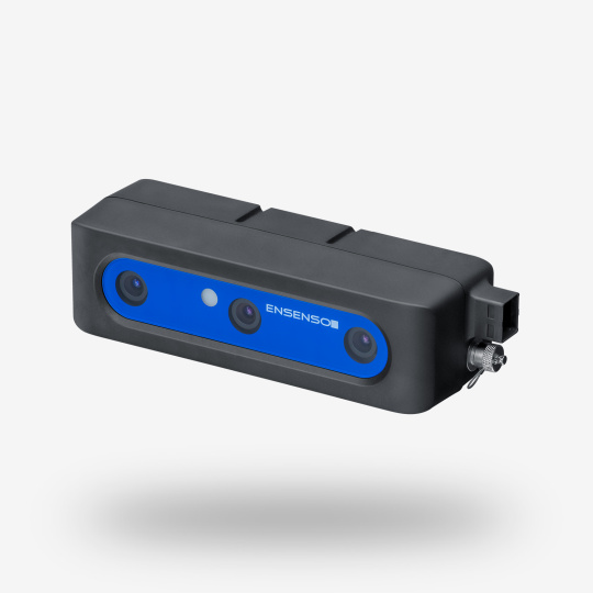 Front view of the black and blue Ensenso N 3D camera