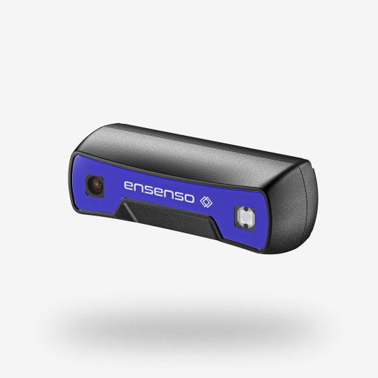 Front view of the black and blue Ensenso S 3D camera