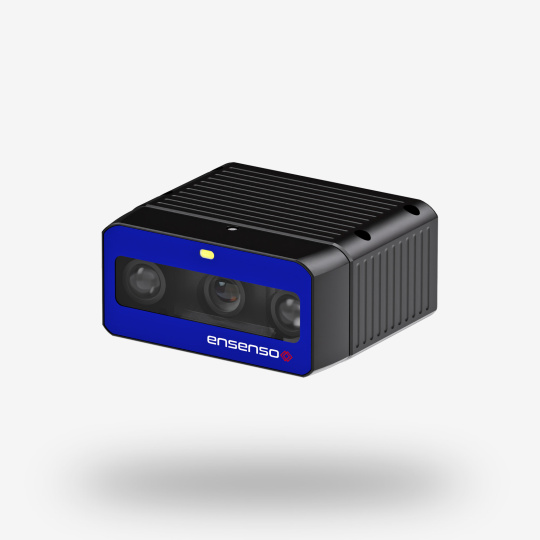 Front view of the black and blue Ensenso B 3D camera