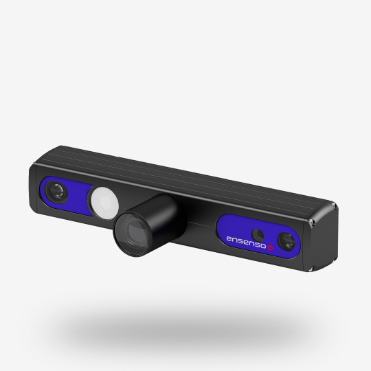 Front view of the black and blue Ensenso C 3D camera