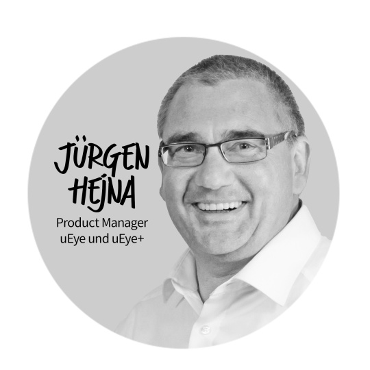 A grey-toned picture of Jürgen Hejna, the Product Manager of uEye and uEye+, is shown in a circle.