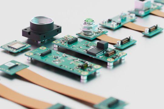 Components of a uEye ACP industrial camera arranged next to each other