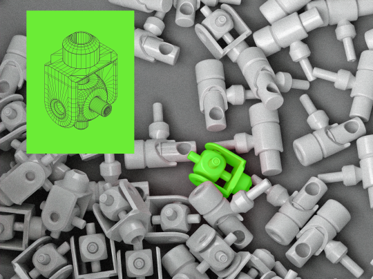 Various scattered white mechanical parts with one assembled green component highlighted, alongside a blueprint in the top left corner.